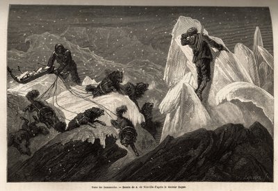 Un traîneau et son équipage perdus dans les hummocks, blocs de glace déchirés qui animent la surface de la banquise. Gravure pour illustrer le voyage vers la mer libre du pôle Arctique, par le Docteur Hayes, chirurgien de la Marine des États-Unis, 1860-186 - Unknown artist
