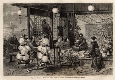 Un vendeur ambulant de lanternes peintes passe devant une boutique de fleuriste à Yedo (ou Edo, Tokyo actuel), où une femme crée une composition de grandes fleurs, tandis que la taille des bonsaïs est plutôt un art masculin. Gravure pour illustrer le Japon - Unknown artist