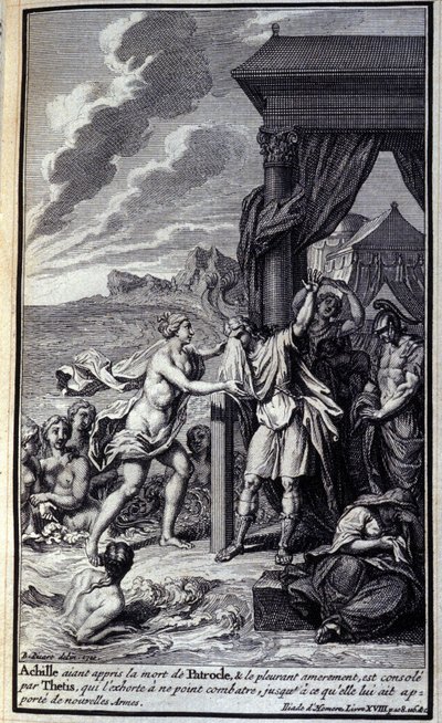 Achille, ayant appris la mort de Patrocle et le pleurant amèrement, est réconforté par Thétis, qui l