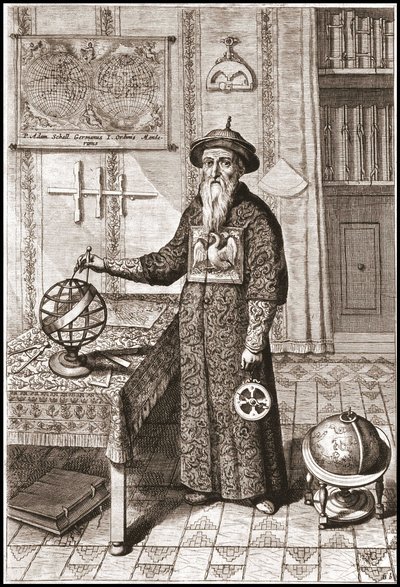 Adam Schall, astronome (1592-1666) en costume mandarin, avec globes terrestre et céleste et astrolabe - dans China par Athanase Kircher - Unknown artist