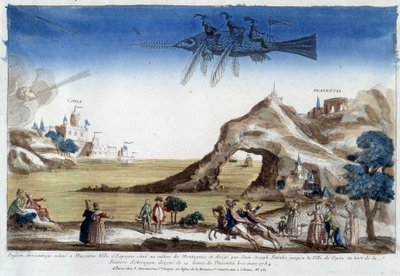 Poisson aérostatique élevé à Plazentia, Espagne, dirigé par Dom Joseph Patinho, volant vers la ville de Coria sur les rives de la rivière Arragon (12 lieues de Plazentia) le 10 mars - Unknown artist