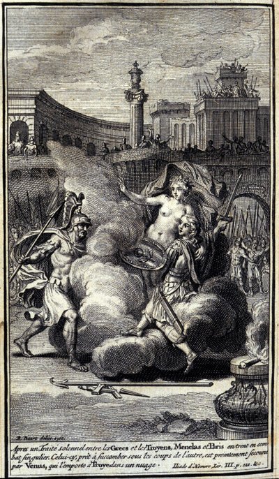 Après un accord solennel entre les Grecs et les Troyens, Ménélas et Paris entrent en combat singulier. Celui-ci, prêt à succomber sous les coups de l