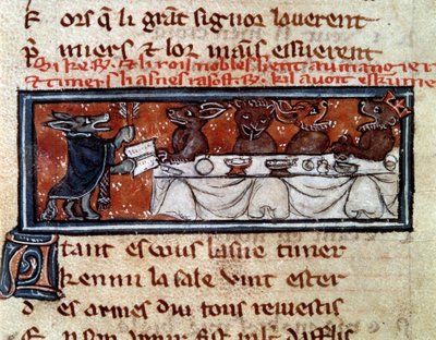Allégorie sur la société du Moyen Âge : « À la table du noble roi ». Animaux en posture humaine représentant une scène de banquet avec un roi et ses courtisans. Miniature du manuscrit « Le Roman de Renart Le Nouvel » de Jacquemart Gielée - Unknown artist