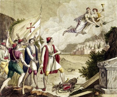 Allégorie du réveil du sentiment nationaliste de la Grèce sous domination ottomane qui a conduit à la guerre d