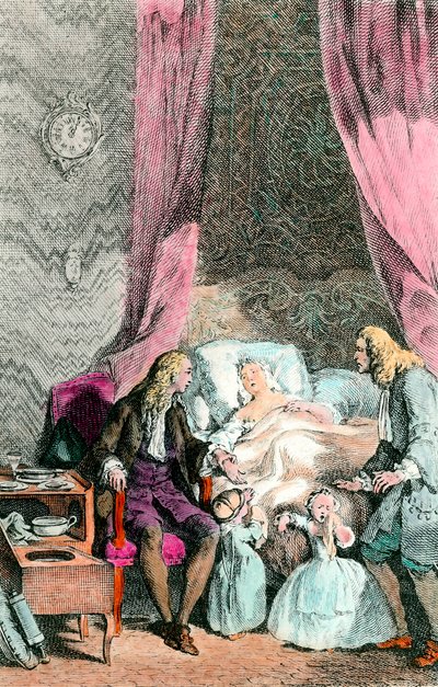 Un médecin observateur Une femme malade ou déjà morte est entourée par sa famille et le médecin. Les enfants sont en larmes. Gravure vers 1780. Paris, Académie de Médecine - Unknown artist