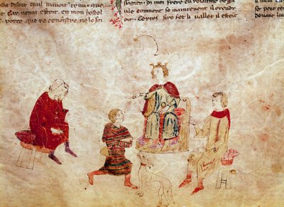 Légende arthurienne : le roi Arthur sur son trône entouré de ses conseillers - Unknown artist