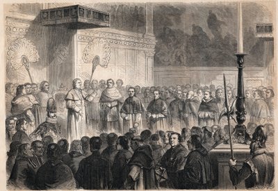 Audience donnée par le pape Pie IX (1792-1878) à des ecclésiastiques étrangers dans la chapelle Sixtine à Rome à l