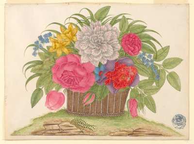 Panier de fleurs et de feuilles sur la terre - Unknown artist