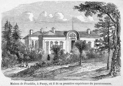 Maison de Benjamin Franklin à Passy, où il fit sa première expérience de paratonnerre - gravure - Unknown artist