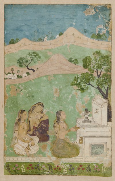 Bhairavi Ragini (un mode musical) : trois figures devant un sanctuaire - Unknown artist