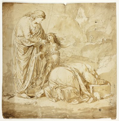 Scène biblique avec deux femmes et un enfant au premier plan - Unknown artist
