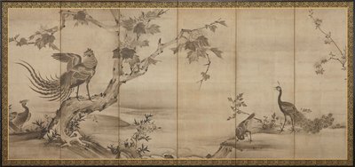 Oiseaux, fleurs et arbres : au dos, bambous - Unknown artist