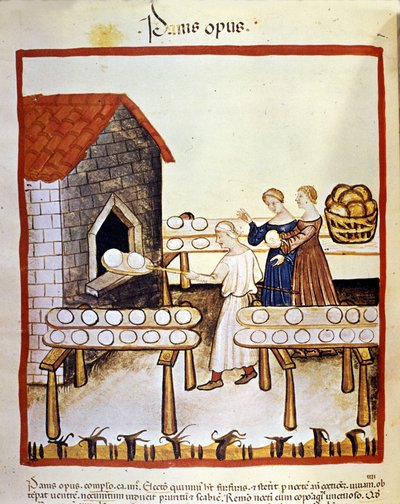 Pain noir : un boulanger au travail devant un four. Enluminure du Tacuinum sanitatis - Unknown artist