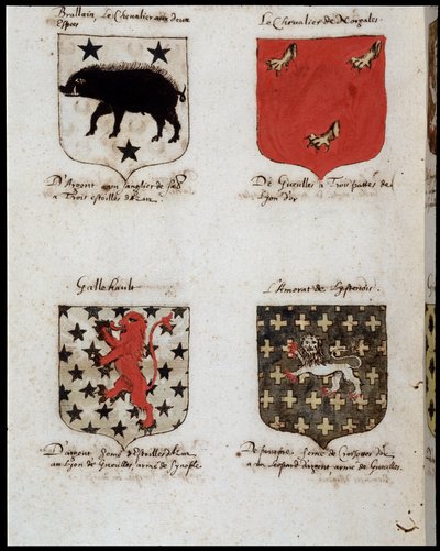 Blasons des chevaliers de la Table Ronde : 1. Brallain, le chevalier aux deux balançoires, 2. Le chevalier de Norgales, 3. Gallehault, 4. L