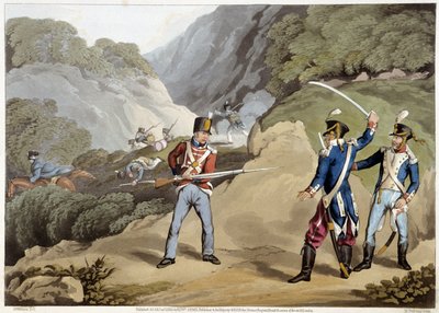 Soldat britannique capturant deux officiers français à la bataille des Pyrénées - dans « Anecdotes historiques, militaires et navales... » par Edward Orne - Unknown artist