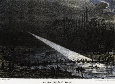 Construction de défenses à travers la Seine la nuit en utilisant la lumière d