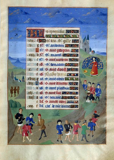 Page de calendrier pour le mois de septembre. Départ des pèlerins en voyage. Page enluminée du Livre d