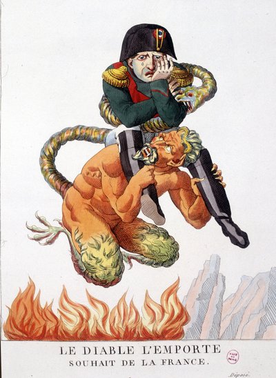 Caricature de Napoléon Bonaparte porté par le diable : Que le diable exauce le souhait de la France - dans « Napoléon I, caricatures, collection factice ». 1814 - 1815. B.H.V.P. - Unknown artist
