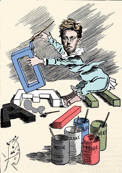 Caricature représentant le poète Arthur Rimbaud (1854-1891) couvrant des lettres de l