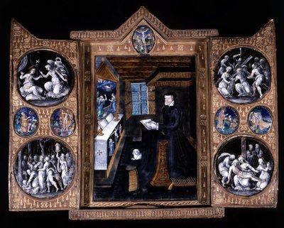 Catherine de Médicis (Caterina de Medici) (1519-1589) en prière - triptyque émail et cuir - Unknown artist