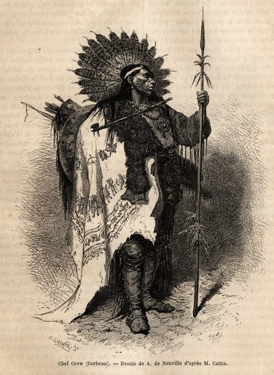 Chef Yellow Moccassin, de la tribu indienne Crow, vivant le long de la rivière Lewis. Gravure pour illustrer une excursion parmi les tribus indiennes des bassins de la Colombie et du Haut Missouri, par G. Catlin, en 1855, publiée dans "Le tour du monde" - Unknown artist