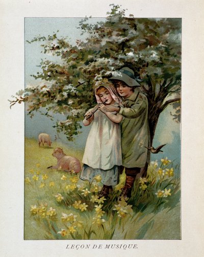 Enfants bergers jouant de la musique dans un paysage fleuri, «Leçon de musique» - Unknown artist