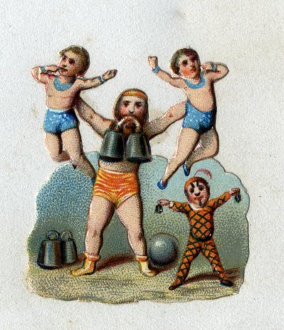 Cirque : un haltérophile soulève deux hommes à bout de bras tout en tenant un poids entre les dents pour démontrer ce que ses muscles peuvent faire. Chromolithographie vers 1890. - Unknown artist