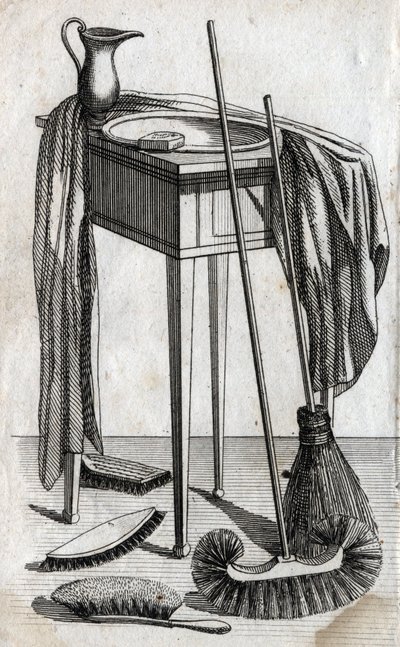 Nettoyage et accessoires de nettoyage : savon, lavabo, balai et brosses. Gravure de la fin du XVIIIe siècle. Collection privée. - Unknown artist