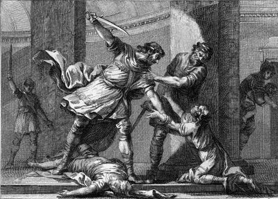 Clotaire I (v.497-561) et Childebert I, rois francs, assassinant deux fils de leur frère Clodomir (495-524). Gravure du XVIIIe siècle. - Unknown artist