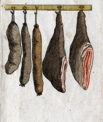 Charcuterie : crochets de viande froide avec jambon et saucisse suspendus. Gravure de la fin du XVIIIe siècle. Collection privée. - Unknown artist