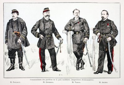 Commandants des gardiens de la paix mobilisés (inspecteurs divisionnaires), de gauche à droite : M. Foucault, M. Giobergia, M. Vassal, M. Archer. Eau-forte en couleurs pour illustrer "Histoire du corps des gardiens de la paix" - Unknown artist