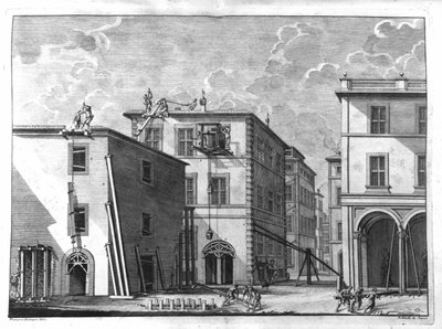 Scène de construction au début du XVIIIe siècle. Gravure d