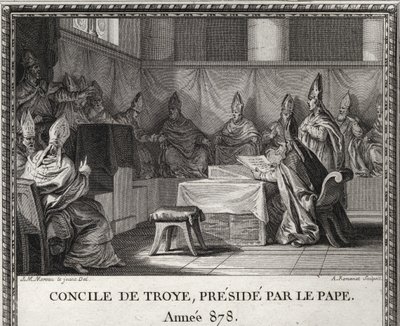 Conseil de Troyes le 7 septembre 878. En mai 878, le pape Jean VIII menacé par les Sarrasins et les nobles italiens, vint se réfugier à Arles sous le duc Boson et sa femme Ermengarde. Il l