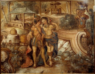 Couple : une femme avec un Indien devant une plantation de sucre aux Antilles. Peinture anonyme - Unknown artist