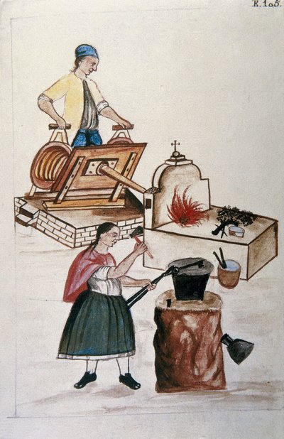 Couple de métis de Moyobamba travaillant le fer dans une forge, du livre "Trujillo del Peru" ou "Códice Martínez Compañón", par Baltazar Martinez Compañón y Bujanda, évêque de Trujillo (1782-1785) - Unknown artist