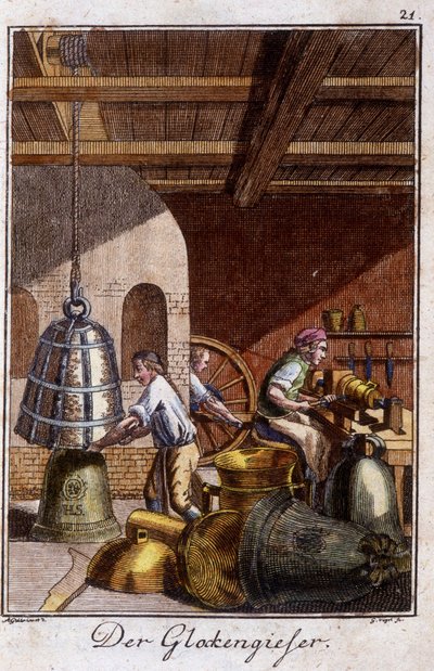 Artisanat : le fondeur de cloches dans son atelier. Dans « Description complète des arts et métiers et ateliers pour les jeunes » par Johan Peter Vue. Éd. Nuremberg, Weigel et Schneider - Unknown artist