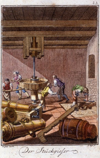 Artisanat : les fondeurs de canons dans leur atelier. Dans « Description complète des arts et métiers et ateliers pour les jeunes » par Johan Peter Vue. Éd. Nuremberg, Weigel et Schneider - Unknown artist