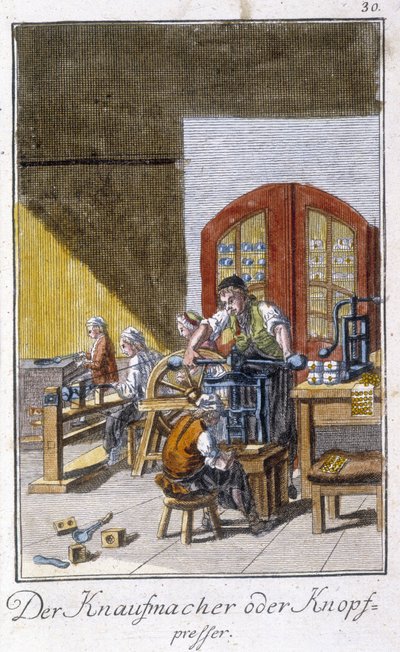 Métiers : le fabricant de boutons dans son atelier. Dans « Description complète des arts et métiers et des ateliers pour les jeunes » par Johan Peter Vue. Éd. Nuremberg, Weigel et Schneider - Unknown artist