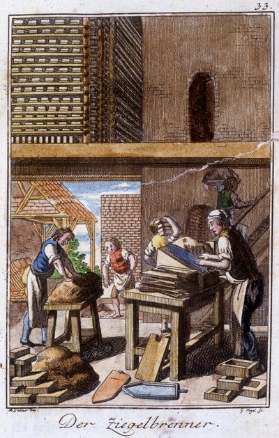 Métiers : le fabricant de tuiles ou de briques dans son atelier. Dans « Description complète des arts et métiers et ateliers pour les jeunes » par Johan Peter Vue. Ed. Nuremberg, Weigel et Schneider - Unknown artist