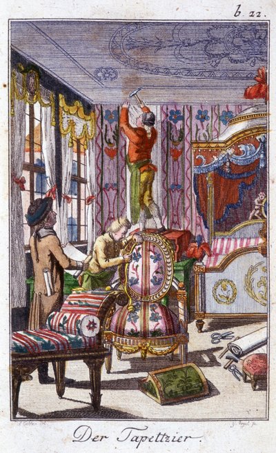 Métiers : le tapissier. Dans « Description complète des arts et métiers et ateliers pour les jeunes » par Johan Peter Vue. Ed. Nuremberg, Weigel et Schneider - Unknown artist