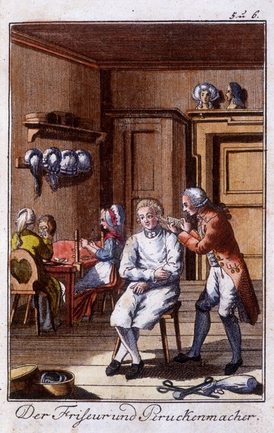 Métiers : coiffeur et perruquier dans leur atelier. Dans « Description complète des arts et métiers et ateliers pour les jeunes » par Johan Peter Vue. Éd. Nuremberg, Weigel et Schneider - Unknown artist