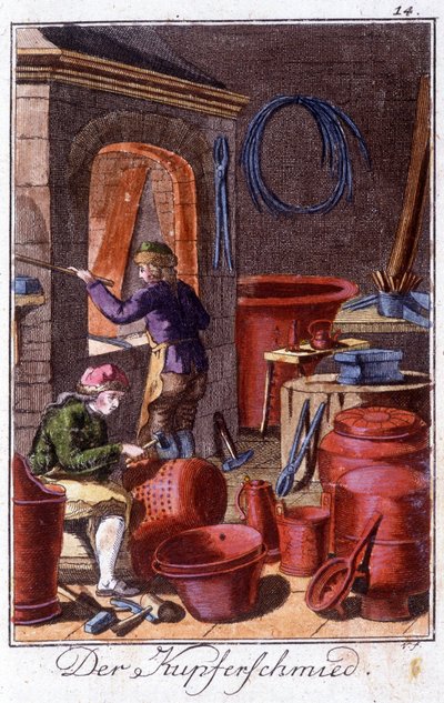 Artisanat : le chaudronnier dans son atelier. Dans « Description complète des arts et métiers et ateliers pour les jeunes » par Johan Peter Vue. Éd. Nuremberg, Weigel et Schneider - Unknown artist