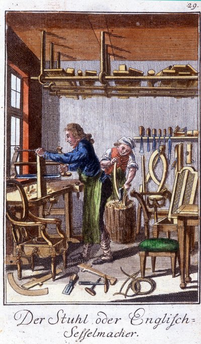 Artisanat : le fabricant de chaises dans son atelier. Dans « Description complète des arts et métiers et ateliers pour les jeunes » par Johan Peter Vue. Ed. Nuremberg, Weigel et Schneider - Unknown artist