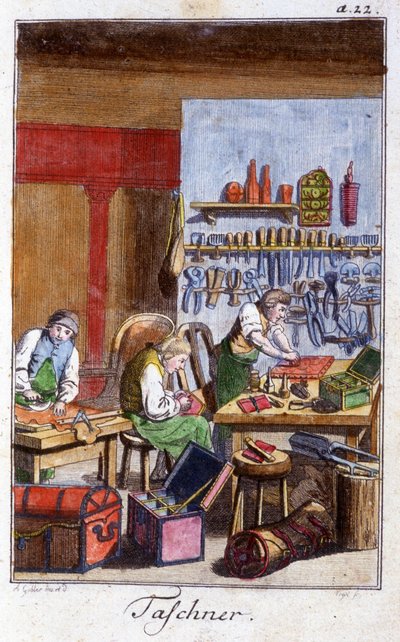Artisanat : le pochetier et le gibecier dans leur atelier. Dans « Description complète des arts et métiers et ateliers pour les jeunes » par Johan Peter Vue. Éd. Nuremberg, Weigel et Schneider - Unknown artist
