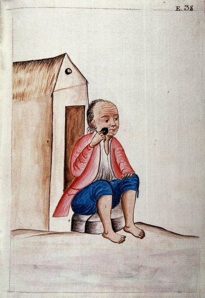 Vie quotidienne et coutumes du Pérou : "Indien se rasant la barbe sur le pas de sa porte" Aquarelle tirée du livre "Trujillo del Peru" par Baltasar Martinez Companon y Bajanda, évêque de Trujillo (1782-1785). 18e siècle, Madrid. Bibliothèque du Palais Roya - Unknown artist