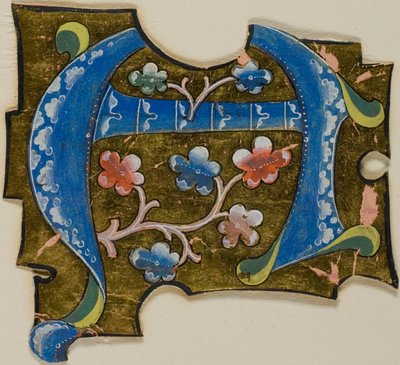 Initiale "A" décorée en bleu avec des feuilles d