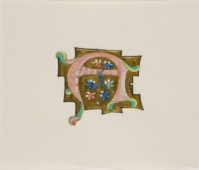 Initiale "A" décorée en rose avec six feuilles et deux boules, tirée d