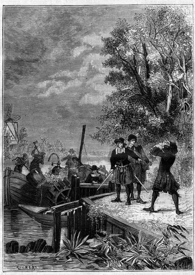 Denis Papin (1647-1712) physicien, mathématicien et inventeur français, regarde son bateau équipé de sa nouvelle invention, un système de machine à vapeur encore inconnu, détruit par des bateliers pour vendre quelques pièces. Gravure dans « La Nature » - Unknown artist