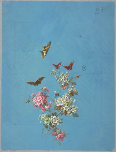 Design pour papier peint et textiles : Fleurs et papillons - Unknown artist