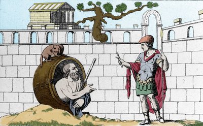 Diogène le Cynique (413-327 av. J.-C.), philosophe grec, dans son tonneau dit à Alexandre le Grand « Laisse-moi voir mon soleil » - Unknown artist